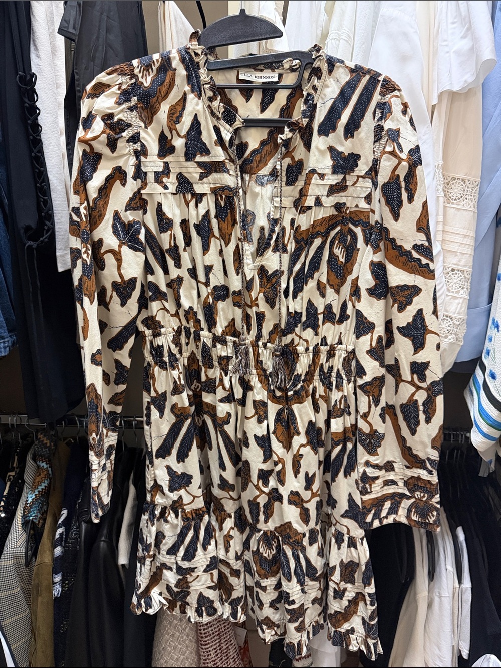 Ulla Johnson Cream Dress with Navy and Brown Abstract Print
